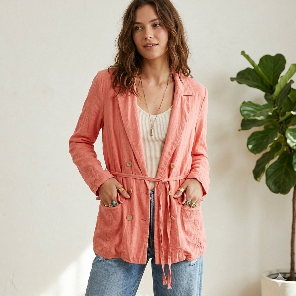 Free People Olivia Blazer Womens Small Coral Pink Double Breasted Linen Blend